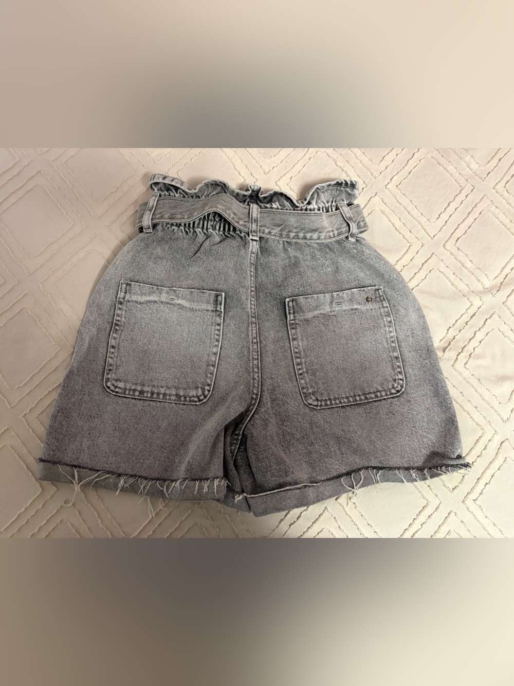 High-Waist Washed Gray Denim Paperbag Shorts - Picture 4 of 5